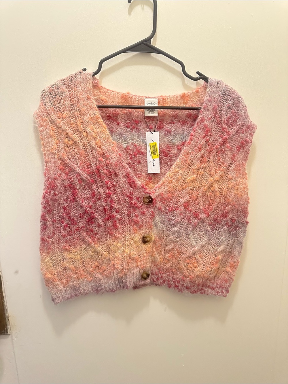 Anna & Ava Multicolor Pink Peach Lavender Cable Knit V-Neck Sweater Vest